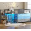 imageVIAGDO Low Loft Bed Twin Size with 9 Storage Drawers and LED Lights Metal Twin Loft Bed with Stairway Shelf Storage Low Loft Bed with Safety Guardrail and UnderBed Hideaway for Kids GreyGrey