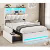 imageVIAGDO Queen Bed Frame with Bookcase Headboard Wooden Bed Frame Queen Size with Charging Station 4 Storage Drawers and LED Lights with TypeC and USB No Box Spring Needed WhiteWhite