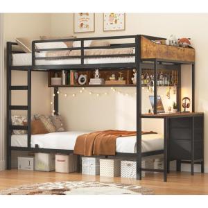 imageVIAGDO Bunk Bed Twin Over Twin with Charging Station and LED Lights Heavy Duty Metal Bunk Bed with Desk and 3 Storage Drawers Utility Storage Shelf and Boxes No Box Spring Needed BlackBlack