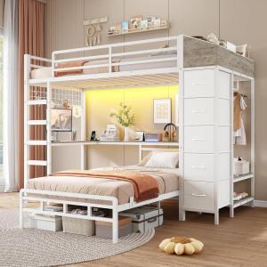 imageVIAGDO Bunk Bed Twin Over Twin with Hall Tree Charging Station and LED Lights LShaped Bunk Bed with Desk 5 Storage Drawers Twin Bunk Beds with Guardrail ampamp Stairs No Box Spring Needed WhiteWhite