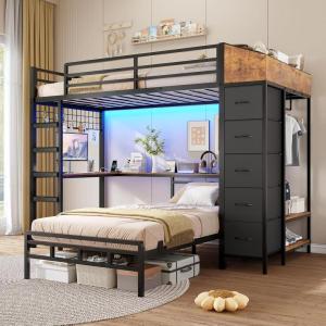 imageVIAGDO Bunk Bed Twin Over Twin with Hall Tree Charging Station and LED Lights LShaped Bunk Bed with Desk 5 Storage Drawers Twin Bunk Beds with Guardrail ampamp Stairs No Box Spring Needed WhiteBlack