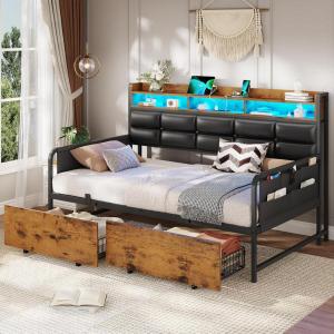 imageVIAGDO Daybed with 2 Drawers Twin Day Bed with Upholstered Headboard and Charging Station Metal Day Bed Frame with Storage and LED Lights Twin Daybed for Living Room Bedroom Guest Room WhiteBlack