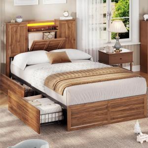 imageVIAGDO Farmhouse Full Size Bed Frame with Headboard and Double Barn Door Storage Cabinets Rustic Wooden Bed Frame Full with Charging Station 4 Drawers and LED Lights No Box Spring Needed BrownBrown