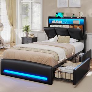 imageVIAGDO Full Size Bed Frame with Storage Headboard and Charging Station Leather Upholstered Bed Frame Full Size with 4 Drawers and LED Lights Type C and USB No Box Spring Needed BlackBlack