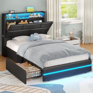 imageVIAGDO Full Size Bed Frame with Storage Headboard and LED Lights Leather Upholstered Full Size Platform Bed Frame with Charging Station and 4 Drawers LED Bed Frame Full No Box Spring Needed BlackTwin