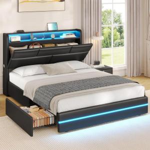 imageVIAGDO Full Size Bed Frame with Storage Headboard and LED Lights Leather Upholstered Full Size Platform Bed Frame with Charging Station and 4 Drawers LED Bed Frame Full No Box Spring Needed BlackFull