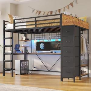 imageVIAGDO Loft Bed Twin Size with Hall Tree Charging Station and LED Lights Twin Loft Bed with LShaped Desk 5 Storage Drawers Heavy Duty Twin Size Bed with Stairs No Box Spring Needed WhiteBlack