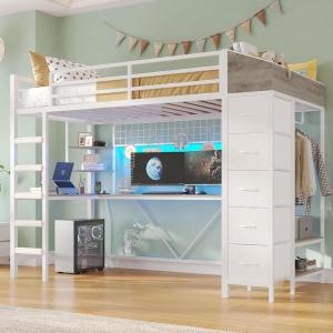 imageVIAGDO Loft Bed Twin Size with Hall Tree Charging Station and LED Lights Twin Loft Bed with LShaped Desk 5 Storage Drawers Heavy Duty Twin Size Bed with Stairs No Box Spring Needed WhiteWhite