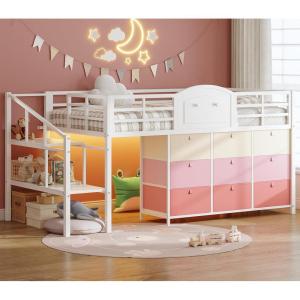 imageVIAGDO Low Loft Bed Twin Size with 9 Storage Drawers and LED Lights Metal Twin Loft Bed with Stairway Shelf Storage Low Loft Bed with Safety Guardrail and UnderBed Hideaway for Kids GreyWhite