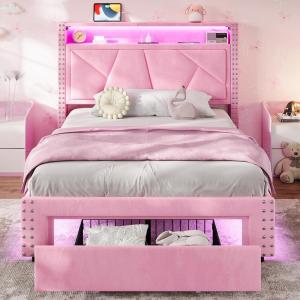 imageVIAGDO Pink Twin Bed Frames with LED Lights Upholstered Platform Bed Frame Twin Size with Storage Headboard and Charging Station LED Twin Bed Frame No Box Spring NeededPink