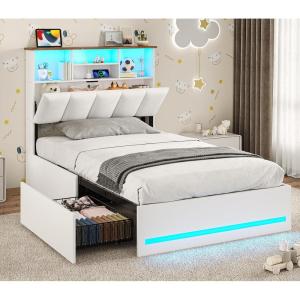 imageVIAGDO Queen Bed Frame with Bookcase Headboard Wooden Bed Frame Queen Size with Charging Station 4 Storage Drawers and LED Lights with TypeC and USB No Box Spring Needed WhiteWhite