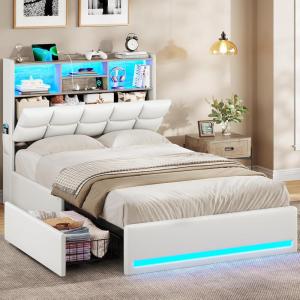 imageVIAGDO Queen Bed Frame with Bookcase Headboard and Storage Upholstered Platform Bed Frame Queen Size with Charging Station 4 Drawers and LED Lights Heavy Duty No Box Spring Needed BlackWhite