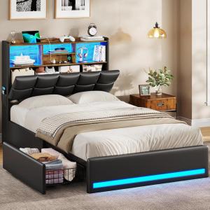 imageVIAGDO Queen Bed Frame with Bookcase Headboard and Storage Upholstered Platform Bed Frame Queen Size with Charging Station 4 Drawers and LED Lights Heavy Duty No Box Spring Needed BlackBlack