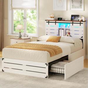 imageVIAGDO Wooden Bed Frame Queen Size with Bookcase Headboard and Sliding Barn Door Farmhouse Queen Bed Frame with Charging Station LED Lights and 4 Storage Drawers No Box Spring Needed WhiteWhite