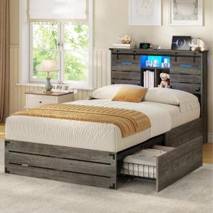 imageVIAGDO Wooden Bed Frame Queen Size with Bookcase Headboard and Sliding Barn Door Farmhouse Queen Bed Frame with Charging Station LED Lights and 4 Storage Drawers No Box Spring Needed WhiteGrey