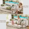 imageVIAGDO Daybed Twin with Pop Up Trundle Farmhouse Wooden Day Bed Frame with 3 Storage Drawers and Shelves Twin to King Daybed with Charging Station and LED Lights for Bedroom Guest Room GreyWhite