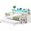 imageVIAGDO Daybed Twin with Pop Up Trundle Farmhouse Wooden Day Bed Frame with 3 Storage Drawers and Shelves Twin to King Daybed with Charging Station and LED Lights for Bedroom Guest Room GreyWhite