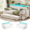 imageVIAGDO Daybed Twin with Pop Up Trundle Farmhouse Wooden Day Bed Frame with 3 Storage Drawers and Shelves Twin to King Daybed with Charging Station and LED Lights for Bedroom Guest Room GreyWhite