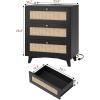 imageVIAGDO Black Rattan Nightstand with Charging Station Natural Rattan Night Stand with 3 Large Wicker Decorated Drawers Boho Bedside Table End Side Table 3 Drawer Dresser for BedroomBlack