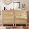 imageVIAGDO Black Rattan Nightstand with Charging Station Natural Rattan Night Stand with 3 Large Wicker Decorated Drawers Boho Bedside Table End Side Table 3 Drawer Dresser for BedroomNatural