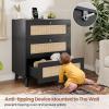 imageVIAGDO Black Rattan Nightstand with Charging Station Natural Rattan Night Stand with 3 Large Wicker Decorated Drawers Boho Bedside Table End Side Table 3 Drawer Dresser for BedroomBlack