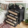 imageVIAGDO Black Rattan Nightstand with Charging Station Natural Rattan Night Stand with 3 Large Wicker Decorated Drawers Boho Bedside Table End Side Table 3 Drawer Dresser for BedroomBlack