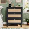 imageVIAGDO Black Rattan Nightstand with Charging Station Natural Rattan Night Stand with 3 Large Wicker Decorated Drawers Boho Bedside Table End Side Table 3 Drawer Dresser for BedroomBlack