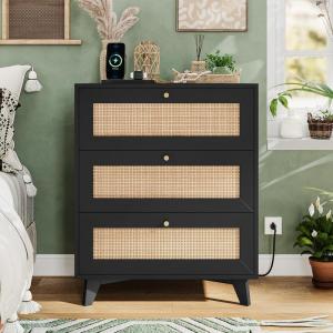 imageVIAGDO Black Rattan Nightstand with Charging Station Natural Rattan Night Stand with 3 Large Wicker Decorated Drawers Boho Bedside Table End Side Table 3 Drawer Dresser for BedroomBlack