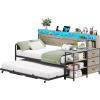 imageVIAGDO Day Bed with Trundle Bed Twin Wood Day Bed with Hidden Storage Headboard Farmhouse Daybed with Charging Station and LED Lights Twin to King Daybed for Living Room Guest Room Rustic BrownGrey