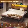 imageVIAGDO Day Bed with Trundle Bed Twin Wood Day Bed with Hidden Storage Headboard Farmhouse Daybed with Charging Station and LED Lights Twin to King Daybed for Living Room Guest Room Rustic BrownRustic Brown