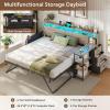 imageVIAGDO Day Bed with Trundle Bed Twin Wood Day Bed with Hidden Storage Headboard Farmhouse Daybed with Charging Station and LED Lights Twin to King Daybed for Living Room Guest Room Rustic BrownGrey
