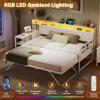 imageVIAGDO Day Bed with Trundle Bed Twin Wood Day Bed with Hidden Storage Headboard Farmhouse Daybed with Charging Station and LED Lights Twin to King Daybed for Living Room Guest Room Rustic BrownWhite