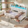 imageVIAGDO Daybed Twin Size with 2 Storage Drawers and Charging Station Metal Day Bed Frame Twin with Shelf Headboard and LED Lights Twin Corner Bed Frame for Living Room Bedroom Guest Room BlackWhite