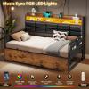 imageVIAGDO Daybed Twin Size with 2 Storage Drawers and Charging Station Metal Day Bed Frame Twin with Shelf Headboard and LED Lights Twin Corner Bed Frame for Living Room Bedroom Guest Room BlackBlack