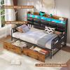imageVIAGDO Daybed Twin Size with 2 Storage Drawers and Charging Station Metal Day Bed Frame Twin with Shelf Headboard and LED Lights Twin Corner Bed Frame for Living Room Bedroom Guest Room BlackBlack
