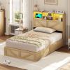 imageVIAGDO Rattan Bed Frame Queen Size with Bookcase Storage Headboard Charging Station and LED Lights Wooden Queen Bed Frame with 4 Drawers Barn Door Design No Box Spring Needed No Noise NaturalRattan