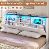 imageVIAGDO Rattan Bed Frame Queen Size with Bookcase Storage Headboard Charging Station and LED Lights Wooden Queen Bed Frame with 4 Drawers Barn Door Design No Box Spring Needed No Noise NaturalWhite