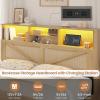 imageVIAGDO Rattan Bed Frame Queen Size with Bookcase Storage Headboard Charging Station and LED Lights Wooden Queen Bed Frame with 4 Drawers Barn Door Design No Box Spring Needed No Noise NaturalRattan