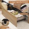 imageVIAGDO Rattan Bed Frame Queen Size with Bookcase Storage Headboard Charging Station and LED Lights Wooden Queen Bed Frame with 4 Drawers Barn Door Design No Box Spring Needed No Noise NaturalRattan