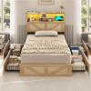 imageVIAGDO Rattan Bed Frame Queen Size with Bookcase Storage Headboard Charging Station and LED Lights Wooden Queen Bed Frame with 4 Drawers Barn Door Design No Box Spring Needed No Noise NaturalRattan