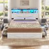 imageVIAGDO Rattan Bed Frame Queen Size with Bookcase Storage Headboard Charging Station and LED Lights Wooden Queen Bed Frame with 4 Drawers Barn Door Design No Box Spring Needed No Noise NaturalWhite