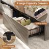 imageVIAGDO Rattan Bed Frame Queen Size with Bookcase Storage Headboard Charging Station and LED Lights Wooden Queen Bed Frame with 4 Drawers Barn Door Design No Box Spring Needed No Noise NaturalGrey