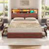 imageVIAGDO Rattan Bed Frame Queen Size with Bookcase Storage Headboard Charging Station and LED Lights Wooden Queen Bed Frame with 4 Drawers Barn Door Design No Box Spring Needed No Noise NaturalReddish Brown