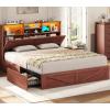 imageVIAGDO Rattan Bed Frame Queen Size with Bookcase Storage Headboard Charging Station and LED Lights Wooden Queen Bed Frame with 4 Drawers Barn Door Design No Box Spring Needed No Noise NaturalReddish Brown