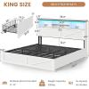 imageVIAGDO Rattan Bed Frame Queen Size with Bookcase Storage Headboard Charging Station and LED Lights Wooden Queen Bed Frame with 4 Drawers Barn Door Design No Box Spring Needed No Noise NaturalWhite