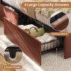imageVIAGDO Rattan Bed Frame Queen Size with Bookcase Storage Headboard Charging Station and LED Lights Wooden Queen Bed Frame with 4 Drawers Barn Door Design No Box Spring Needed No Noise NaturalReddish Brown