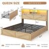 imageVIAGDO Rattan Bed Frame Queen Size with Bookcase Storage Headboard Charging Station and LED Lights Wooden Queen Bed Frame with 4 Drawers Barn Door Design No Box Spring Needed No Noise NaturalRattan