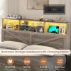imageVIAGDO Rattan Bed Frame Queen Size with Bookcase Storage Headboard Charging Station and LED Lights Wooden Queen Bed Frame with 4 Drawers Barn Door Design No Box Spring Needed No Noise NaturalGrey