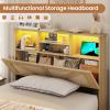imageVIAGDO Rattan Bed Frame Queen Size with Bookcase Storage Headboard Charging Station and LED Lights Wooden Queen Bed Frame with 4 Drawers Barn Door Design No Box Spring Needed No Noise NaturalRattan