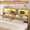 imageVIAGDO Rattan Bed Frame Queen Size with Bookcase Storage Headboard Charging Station and LED Lights Wooden Queen Bed Frame with 4 Drawers Barn Door Design No Box Spring Needed No Noise NaturalRattan